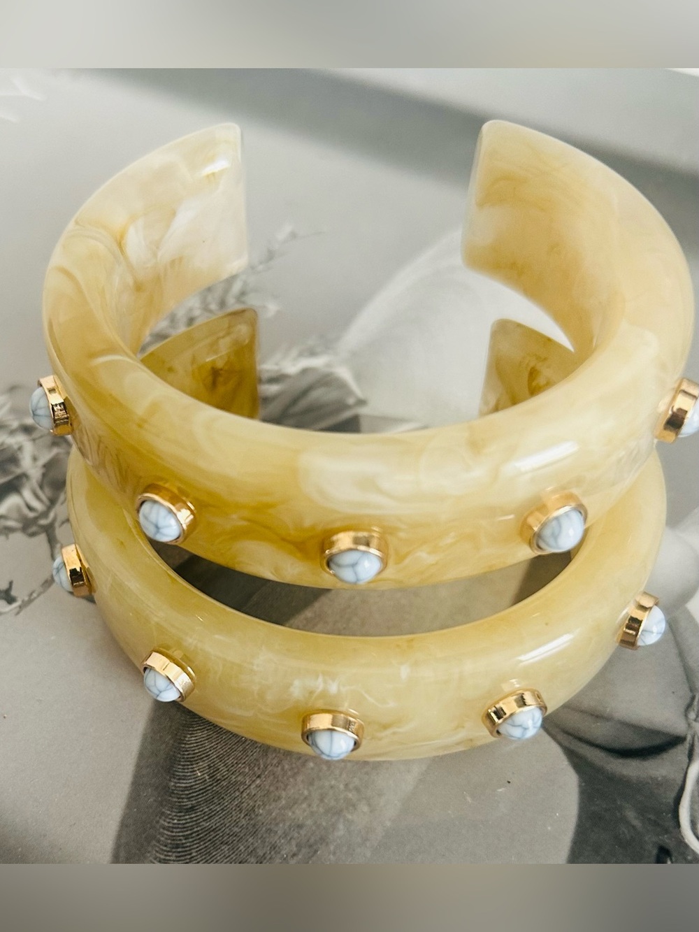 Cream Resin Cuff Bracelet with Gold Accents
